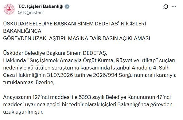 İçişleri Bakanlığı, tutuklanan Üsküdar Belediye