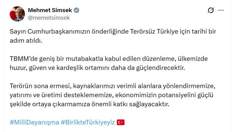 Bakan Şimşek: Terörün sona ermesi, ekonomimizin potansiyelini güçlü şekilde ortaya çıkarmamıza katkı sağlayacak