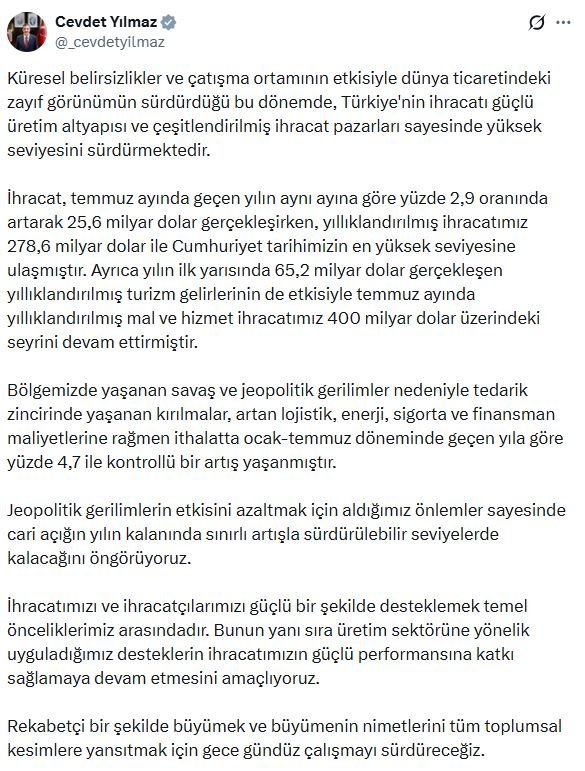 Cumhurbaşkanı Yardımcısı Cevdet Yılmaz, ihracat
