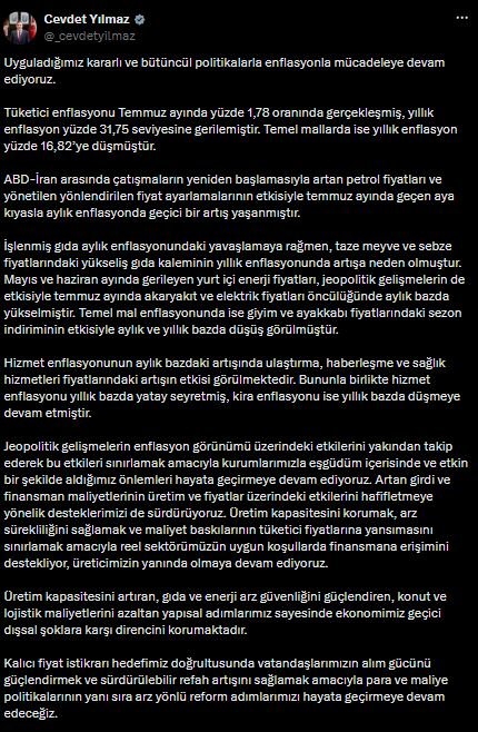 Cumhurbaşkanı Yardımcısı Cevdet Yılmaz, temmuz