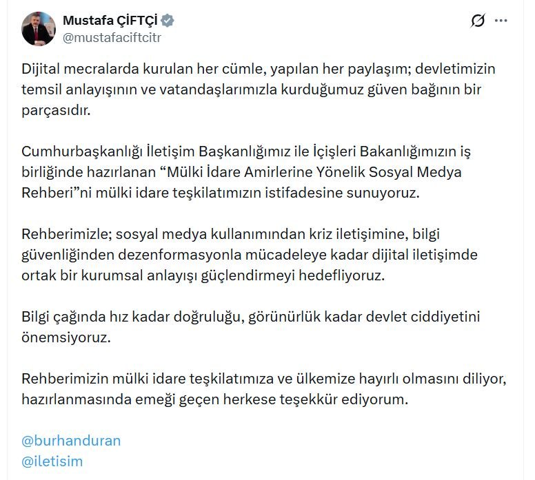 İçişleri Bakanı Çiftçi’den Mülki İdare Amirlerine ‘Sosyal Medya Rehberi’ Müjdesi