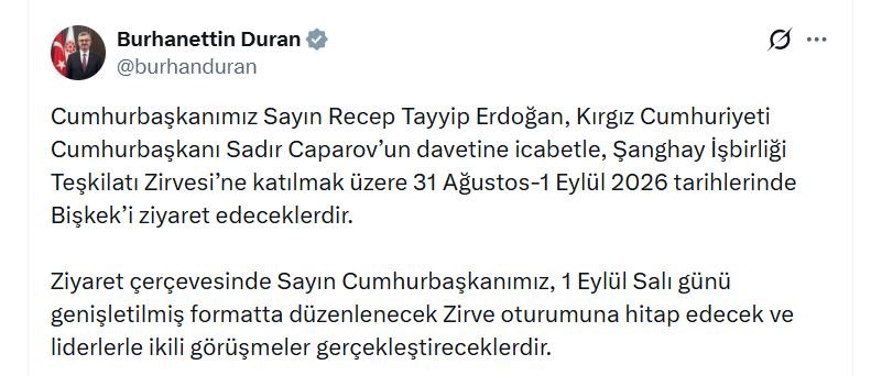 Cumhurbaşkanı Erdoğan, 31 Ağustos-1 Eylül'de