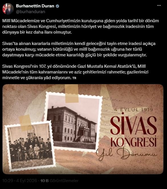 İletişim Başkanı Duran: Sivas Kongresi, milletimizin hürriyet ve bağımsızlık iradesinin tüm dünyaya ilanıdır