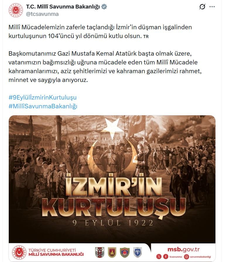 MSB’den İzmir’in Kurtuluşunun 104. Yılında Anlamlı Mesaj