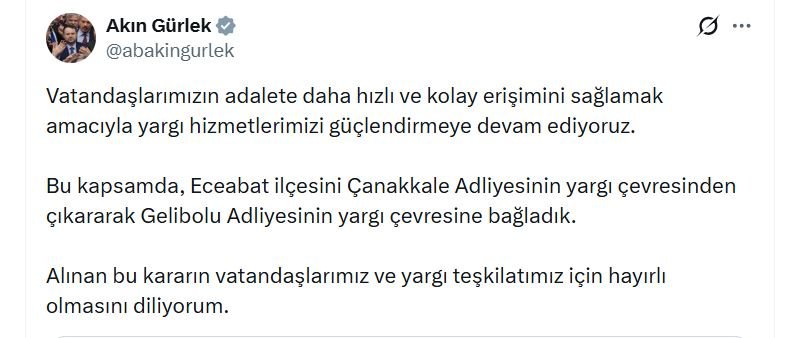 Adalet Bakanı Gürlek’ten Eceabat Kararı: Adalete Daha Hızlı Erişim İçin Yargı Çevresi Değişti