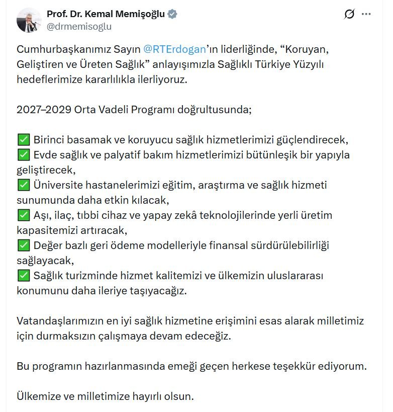 Sağlık Bakanı Kemal Memişoğlu, 2027-2029
