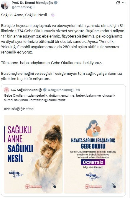Sağlık Bakanı Memişoğlu: Gebe okullarında 1 milyon 117 bin 413 gebeye danışmanlık sunuldu