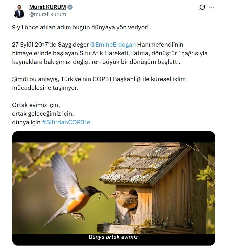 Çevre Bakanı Murat Kurum, Sıfır