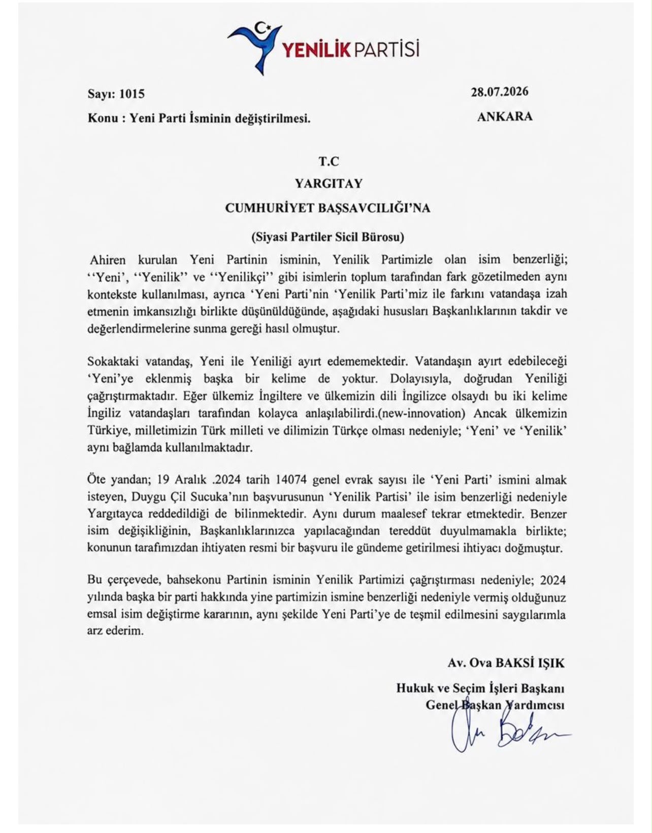 Yenilik Partisi, Yeni Parti'nin isminin