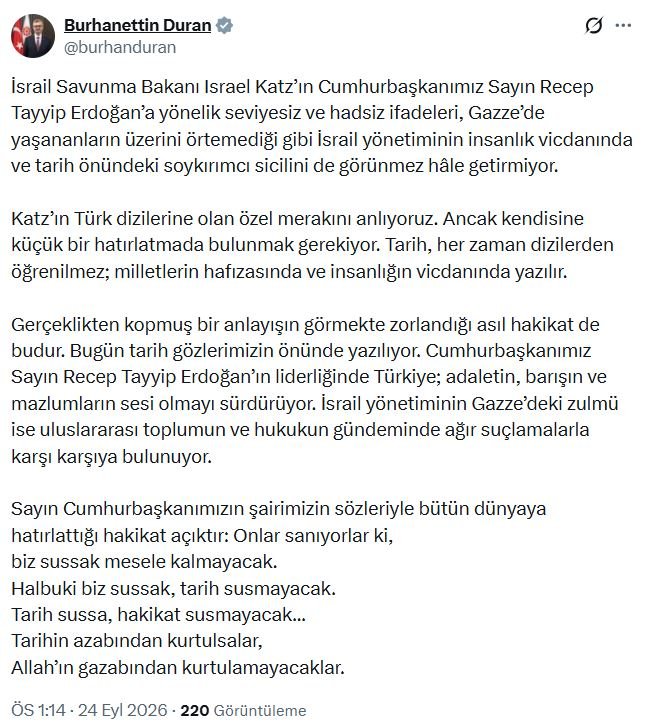 İletişim Başkanı Burhanettin Duran, İsrail