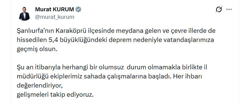Şanlıurfa'da meydana gelen 5.4 büyüklüğündeki