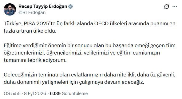 Cumhurbaşkanı Erdoğan, Türkiye'nin PISA 2025'te
