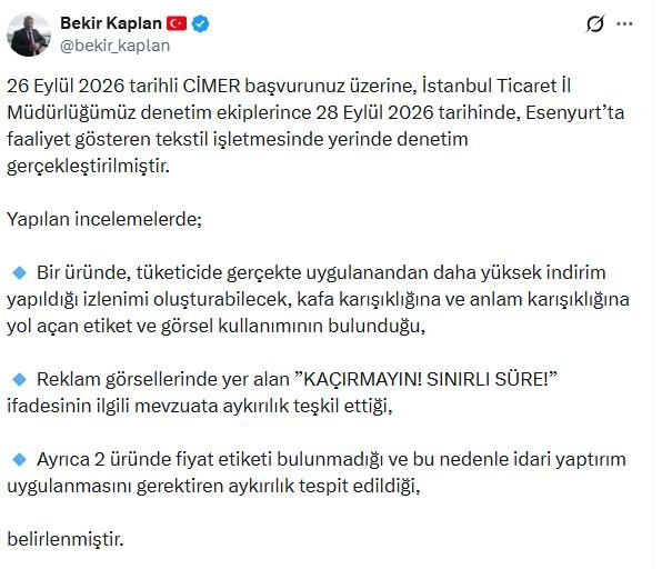 Ticaret Bakanlığı, Esenyurt'taki tekstil işletmesinde