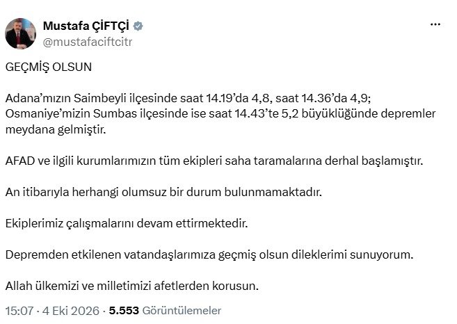 Adana Saimbeyli ve Osmaniye Sumbas'ta